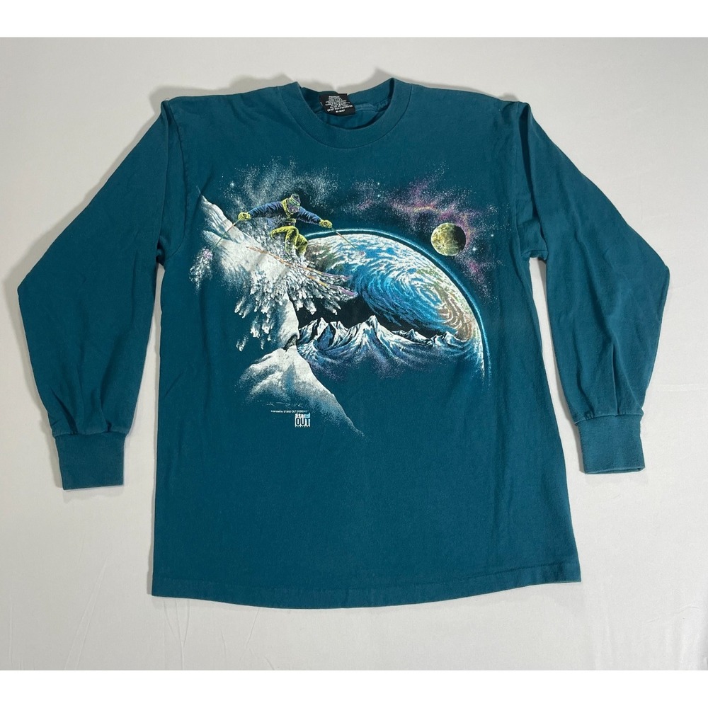 VTG Stand Out Designs Teal Long Sleeve Skiing Ski Planet Earth T-Shirt Size M